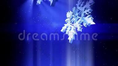 美丽的3d雪花漂浮在空气中，在蓝色背景下在夜间发光。 用作圣诞、新年贺卡